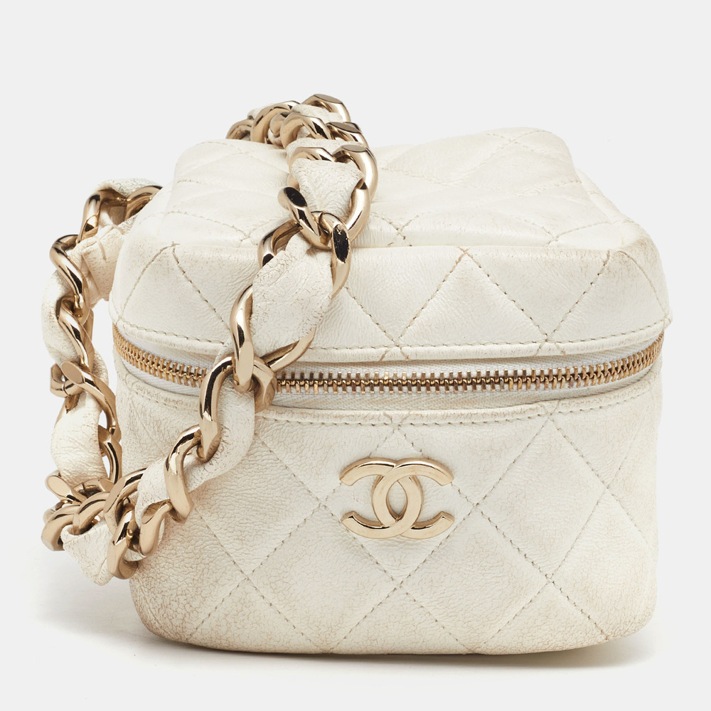 CHANEL White Quilted Leather Vanity Case Wristlet Pouch - Picture 1 of 8